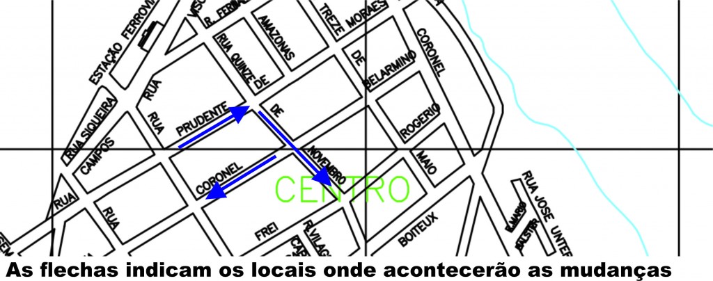 No mapa as setas em azul indicam os locais que terão as mudanças e qual a direção que permanecerá o tráfego para veículos Foto: Divulgação