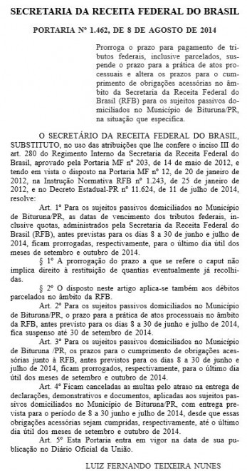 Prefeitura de Bituruna prorroga prazo de pagamentos de tributos 14.08.2014